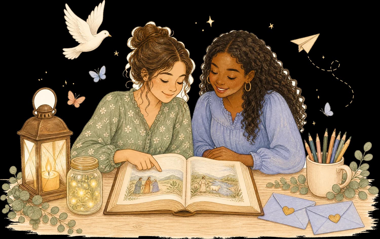 Two women studying an open book of scripture together at a table, surrounded by a lantern, a jar of fireflies and drifting letters.