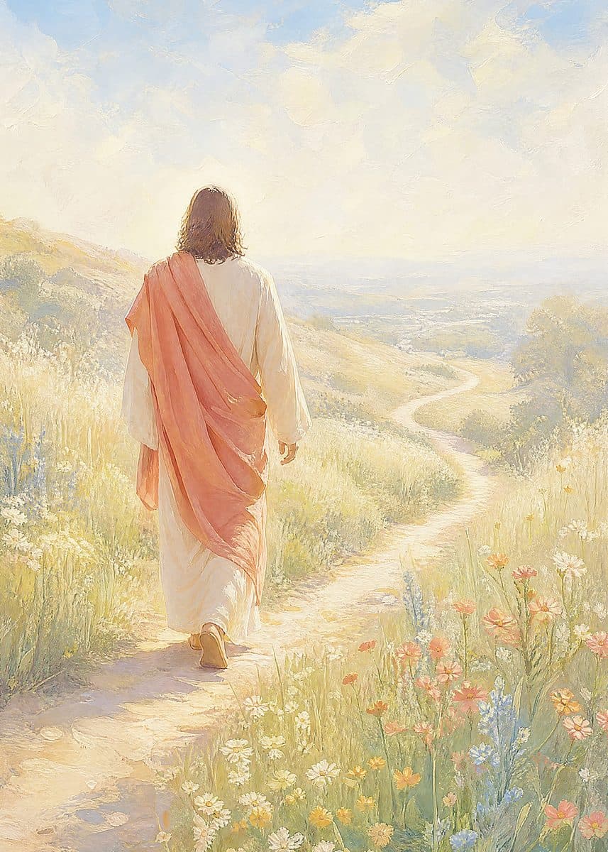 Walk With Him — an impressionist painting of a robed figure seen from behind, walking a sunlit wildflower path.