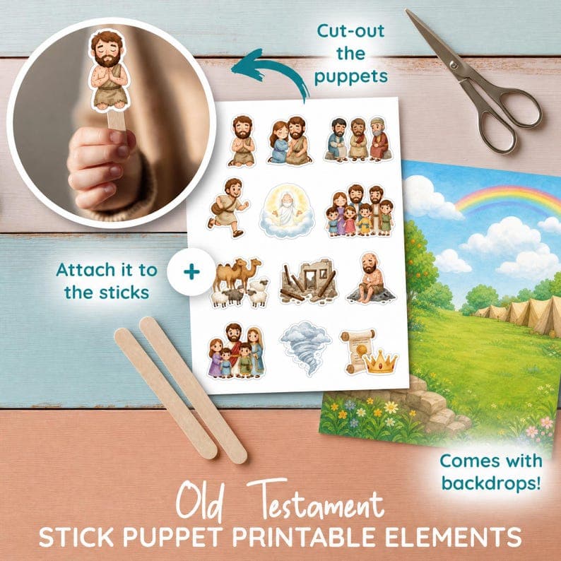 Job Bible Story Stick Puppets Craft for Kids | Come Follow Me 2026 Old Testament August 16, LDS Primary, 12 Pieces + 4 Backdrops