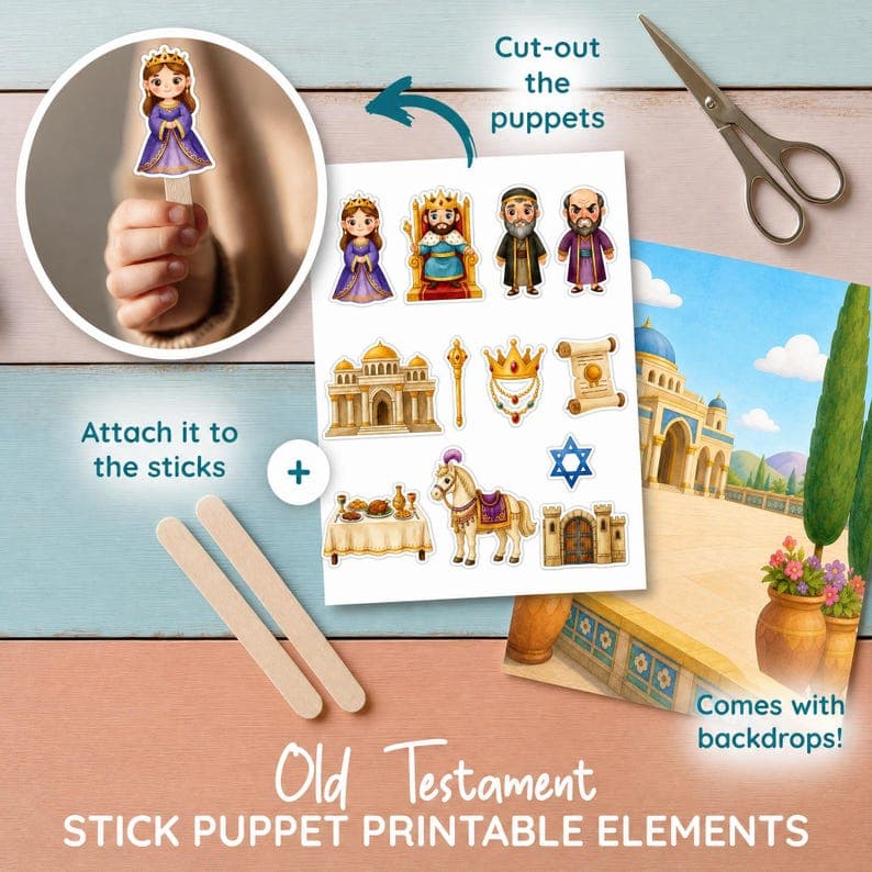 Queen Esther Stick Puppets Bible Story Craft for Kids | Come Follow Me 2026 Old Testament August 9, LDS Primary, 12 Pieces + 4 Backdrops